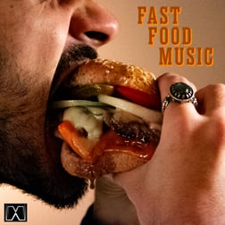 ‘Fast Food Music’ album cover featuring a close-up of a man’s mouth biting into a big cheeseburger