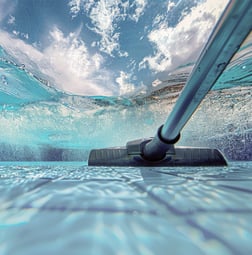 Technician skimming a residential pool with a long cleaning pole under bright sunlight.
