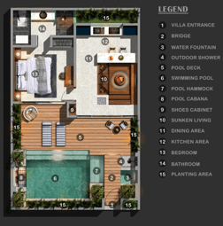 Villa Oraya architectural floor plan showing surface areas of each space, including living zones,
