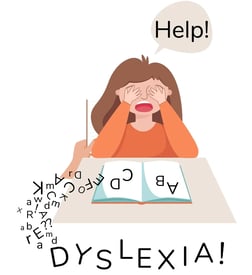 a woman sitting at a desk with a book having dyslexia