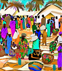 a painting of a coastal market place