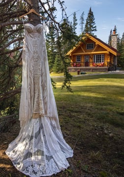 Wedding dress hanging on a tree infant of the Alpine Village Cabins