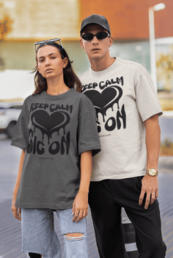 oversized tee, keep calm gig on, black heart, groovy retro design, vivid calm designs, side gig