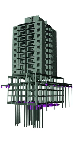 Projeto estrutural de edificação em concreto com transição para alvenaria estrutural.