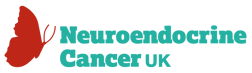 a butterfly on a green background with the words neuroendocrine cancer uk