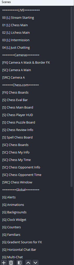 a computer screen showing a list of the different types of obs scenes