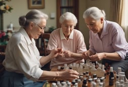 An elderly couple stands together, the woman seated in a wheelchair holding a blue folder with a gold logo. The man stands beside her, wearing a dark blue shirt with a patterned design. A decorative wall with a branching pattern and birds is in the background.