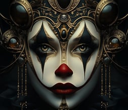 Jester clown with gold, red, black face paint, beautiful eyes lies sunrays. gold adornments