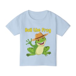 Pale blue t-shirt for toddlers featuring a smiling and waving green cartoon frog