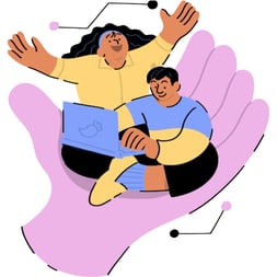 Illustration of two people working in a hand. One working on a laptop and one with hands in the air