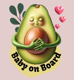 Cute avocado with a baby face hugging its seed, hearts floating above.