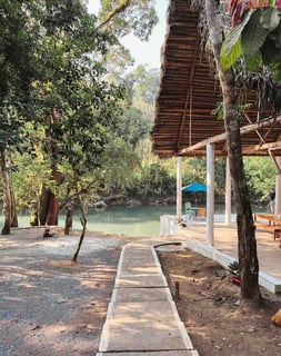 View of the Semuc Champey river from a guesthouse, Guatemala.