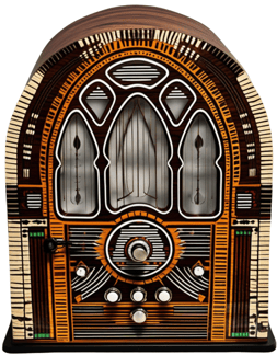 AI generated image of an old fashion radio, with a round top, and some buttons up front