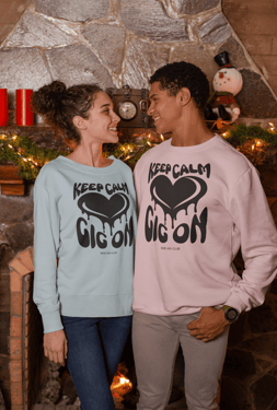 crewneck sweatshirt, keep calm gig on, black heart, groovy retro design, vivid calm design, side gig