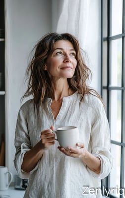 mature woman enjoying tea in a sunlit room, reflecting calm and gentle joint support