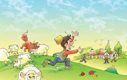 a boy is running with a sheep in a field and a wolf is attacking them