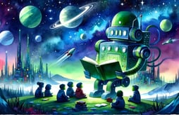 a robot with a book reading story to children