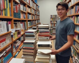 a man standing in a library with a bookcase full of books