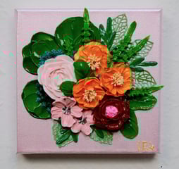 a painting of a bouquet of flowers on a pink background