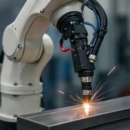 a robot with a welding torch in a machine