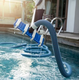 Close-up of a blue pool vacuum head and hose draining water after use during routine maintenance.