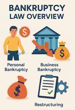 Illustration showing an overview of bankruptcy law. The title reads 'Bankruptcy Law Overview.' The i