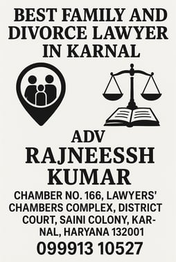 A flyer showing details of Advocate Rajneesh Kumar , family and divorce lawyer in Karnal