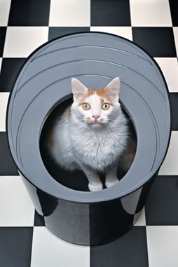 Cute tabby cat sitting in a top-entry litter box and looking curious up to the camera. 