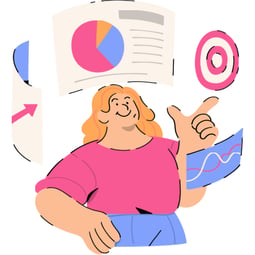 Illustration of a woman with a circle of documents and charts around her