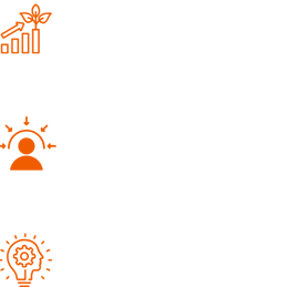 three orange icons, one showing growth via bar graph and a plant growth representing organic growth, rest, man getting idea.