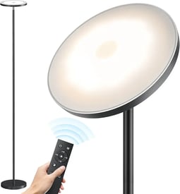 a person holding a remote control in front of a lamp