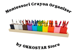 A wooden crayon holder with neatly arranged colorful crayons, designed for easy access and organization.