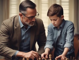 A close-up of a chessboard with black and white chess pieces arranged for play. The background consists of bookshelves filled with various books, creating a cozy, intellectual atmosphere.