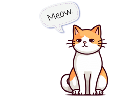 The Julia's Pet Pal cat with a resting expression sitting down with a speech bubble that says 'Meow."