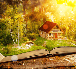 a book opened to show a house on a tree stump