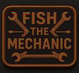 a brown leather patchwork logo on a black background