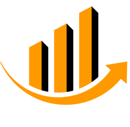 a black and orange arrow pointing upward logo