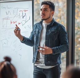 Joven mexicano explicando datos en pizarrón blanco durante presentación en sala de juntas moderna