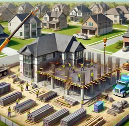 Professional construction site in Kansas City showing workers rebuilding a family home with steel be
