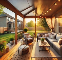 Screened-in deck in Kansas City with fine-mesh screens and cozy furniture.