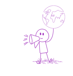Stick figure holding a megaphone and pointing at earth in the sky.
