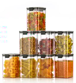 a group of food containers with various types of food