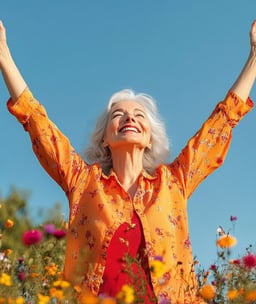 Mujer de entre 40-60 años levantando las manos al aire con expresión sonriente