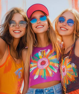 Fotografía de 3 adolescentes sonriendo. Todas portan lentes de sol y ropa colorida