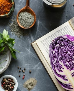 a cabbage, a cook book with spices and some parsley