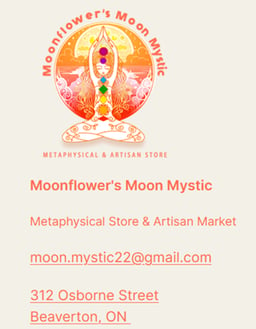 Logo and contact information for, Moonflower’s Moon Mystic Metaphysical Store & Artisan Market