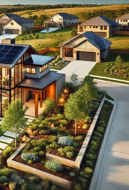 An eco-friendly home in Overland Park featuring solar panels, energy-efficient windows, and drought-