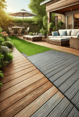 Portrait view of two deck materials: rustic pressure-treated wood and sleek composite decking