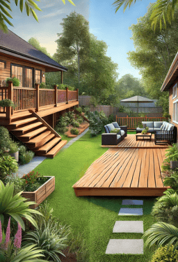Portrait view of a backyard with a 14x20 elevated deck and a smaller 10x10 floating deck, showcasing