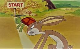 a cartoon rabbit with a turtle and they are going to race